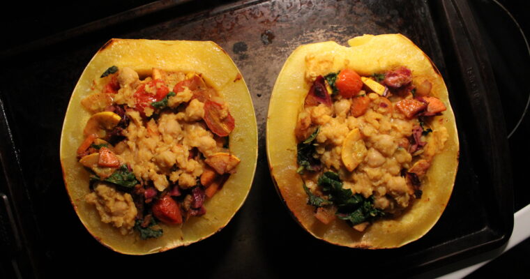 Chickpea & Lentil Stuffed Spaghetti Squash