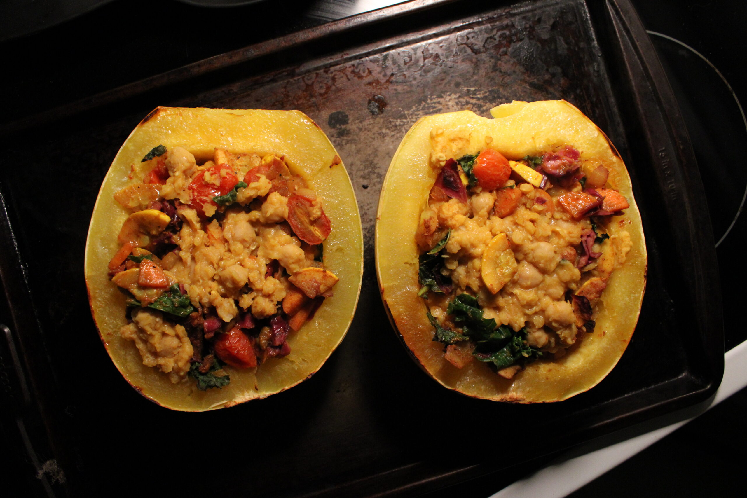 Chickpea & Lentil Stuffed Spaghetti Squash